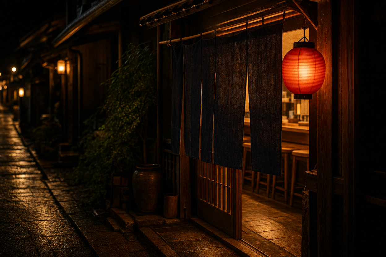 夜の御薗町、おかんの店先に灯る提灯と暖簾